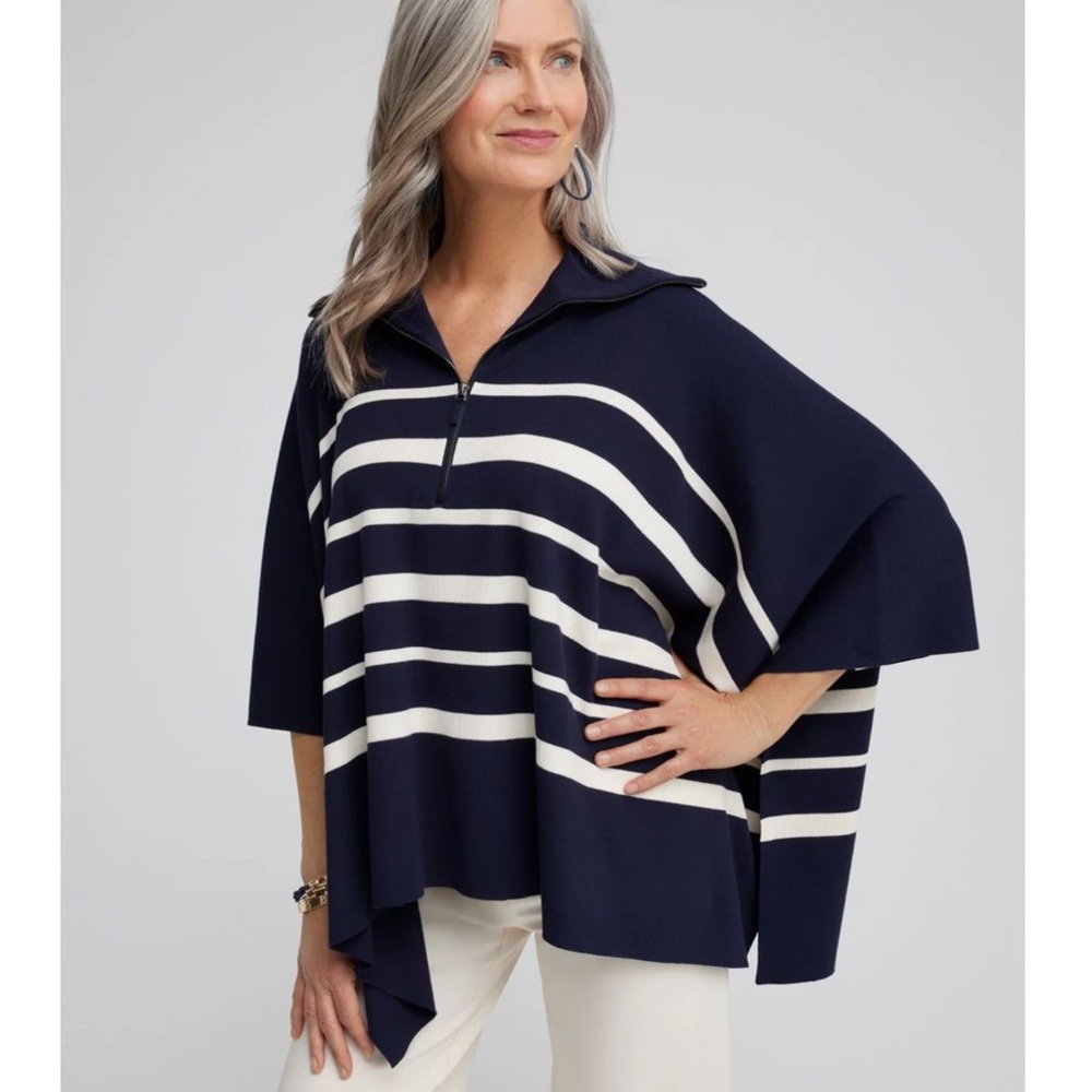 Chico's Blue and White Oversized Polo Tunic with 3/4 Sleeves